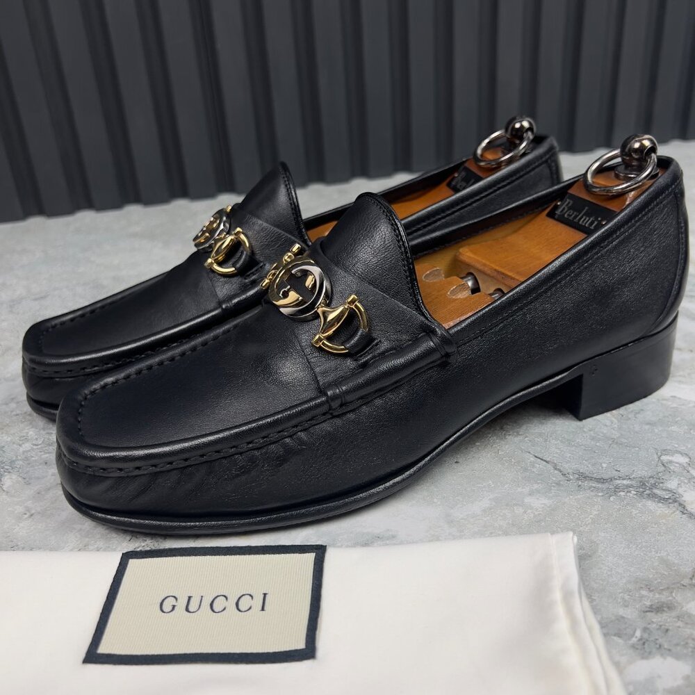 GUCCI Interlocking GG Logo Loafers Heels Black Leather 7.5 G or 8 US or 41.5 EUR
